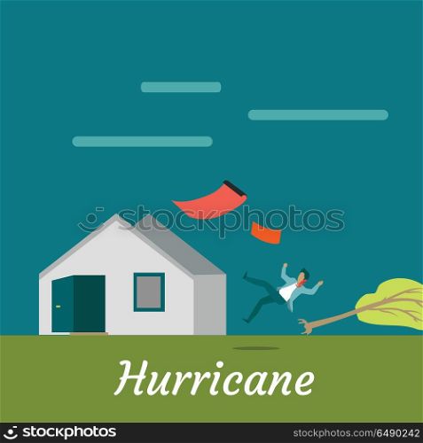 Hurricane Destroying House and Killing Man. Hurricane destroying house and killing man. Natural disaster. Deadly strong wind near house ruins everything. Hurricane damages village cottage. Catastrophe caused by strong wind. Vector illustration