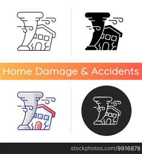 Hurricane icon. Destroying residential structures. Catastrophic property damage. Outdoor hazards. Homeowners insurance. Linear black and RGB color styles. Isolated vector illustrations. Hurricane icon