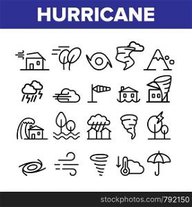 Hurricane Natural Disaster Vector Linear Icons Set. Hurricane, Wind And Tornado Outline Symbols Pack. Mountain Avalanche, Flood And Lightning Isolated Contour Illustrations. Severe Weather Condition. Hurricane Natural Disaster Vector Linear Icons Set