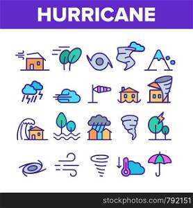 Hurricane Natural Disaster Vector Linear Icons Set. Hurricane, Wind And Tornado Outline Symbols Pack. Mountain Avalanche, Flood And Lightning Isolated Contour Illustrations. Severe Weather Condition. Hurricane Natural Disaster Vector Linear Icons Set