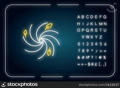 Hurricane neon light icon. Outer glowing effect. Bad meteorological forecast, extreme weather sign with alphabet, numbers and symbols. Whirling vortex, cyclon vector isolated RGB color illustration. Hurricane neon light icon