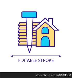 Hurricane proof home building RGB color icon. Storm-resistant house with shutters. Resilient materials. Isolated vector illustration. Simple filled line drawing. Editable stroke. Arial font used. Hurricane proof home building RGB color icon