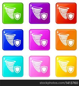 Hurricane protection icons set 9 color collection isolated on white for any design. Hurricane protection icons set 9 color collection