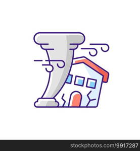 Hurricane RGB color icon. Destroying residential structures, homes. Catastrophic property damage. Outdoor hazards. Homeowners insurance. Tornadoes, high winds. Isolated vector illustration. Hurricane RGB color icon