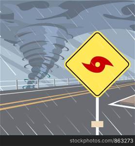 Hurricane Season Flat Vector with Hurricane Danger Road Sign on Side of Highway. Tropical Storm or Cyclone Warning. Stormy Weather on Seacoast Forecast. Natural Disaster. Climate Changes Concept
