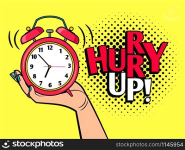 Hurry up cartoon word, pop art style coloful icon with alarm clock, vector illustration. Hurry up pop art style illustration