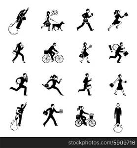 Hurrying Business People Monochrome Set. Monochrome flat icons set of hurrying business men and women in suits isolated vector illustration