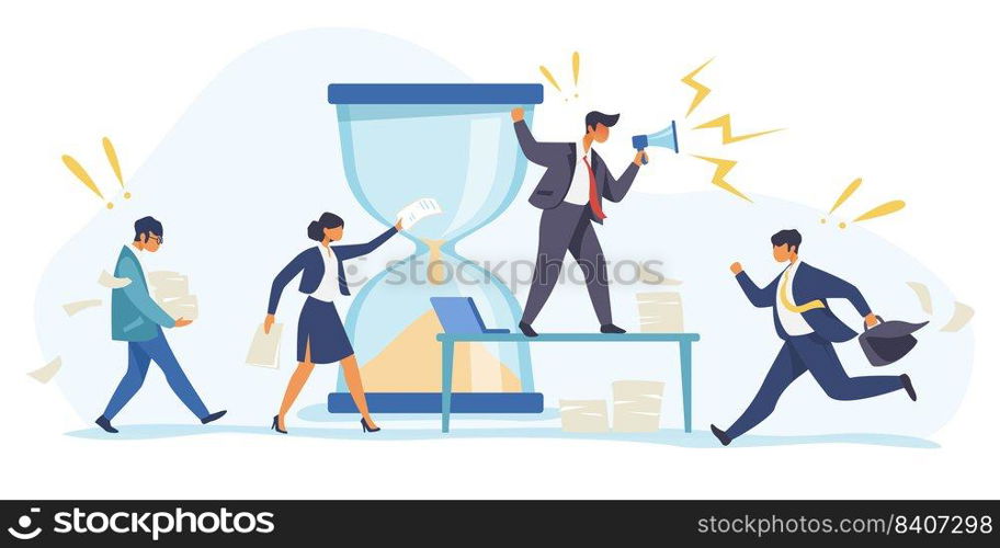 Hurrying workers, burnout. Boss shouting at employees, deadline flat vector illustration. Work related stress concept for banner, website design or landing web page