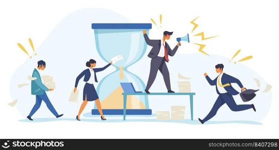 Hurrying workers, burnout. Boss shouting at employees, deadline flat vector illustration. Work related stress concept for banner, website design or landing web page
