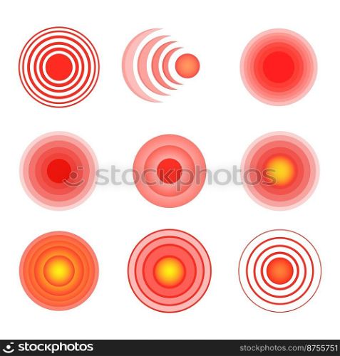 Hurt marker. Red radar circle symbol target pain in joints, sore mark drugs painfully point health spine neck paining body, spot migraine stomach syndrome, neat vector illustration pain target. Hurt marker. Red radar circle symbol target pain in joints, sore mark drugs painfully point health spine neck paining body, spot migraine stomach