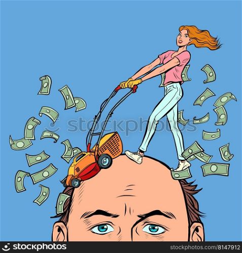 Husband and wife, problems because of money. Expensive divorce, financial litigation concept. Haircut dollars. pop art Retro vector Illustration 50s 60s kitsch Vintage style. Husband and wife, problems because of money. Expensive divorce, financial litigation concept. Haircut dollars