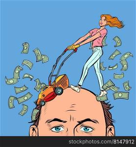 Husband and wife, problems because of money. Expensive divorce, financial litigation concept. Haircut dollars. pop art Retro vector Illustration 50s 60s kitsch Vintage style. Husband and wife, problems because of money. Expensive divorce, financial litigation concept. Haircut dollars
