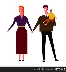 Husband and wife with baby boy in hands cartoon characters. Man and woman with child. Father in jamper next to mother in long skirt and kid in pose for family photo isolated vector illustration.. Husband and wife with baby boy in hands cartoon