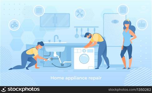 Husband for an Hour, Repair Service Joyful Men Characters in Uniform Working with Instruments Fixing Broken Technics at Home. Electrician, Plumber Call Masters at Work Cartoon Flat Vector Illustration. Joyful Men Characters Fixing Broken Home Technics