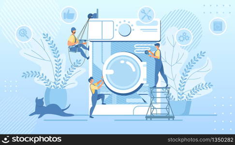 Husband for an Hour, Repair Service, Tiny Handymen Characters in Uniform Fixing Huge Broken Washing Machine Technics at Home. Plumber Call Master at Work, Plumbing Cartoon Flat Vector Illustration. Group Handymen Fixing Huge Broken Washing Machine