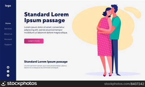 Husband hugging pregnant wife. Joyful couple expecting baby flat vector illustration. Pregnancy, family and parenting concept for banner, website design or landing web page 