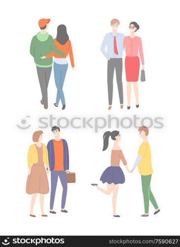 Husbands and wives, happy families, laughing people set isolated on white. Vector teenage and middle age pairs, dating and flirting men and women in love. Husbands and Wives Happy Families Laughing People