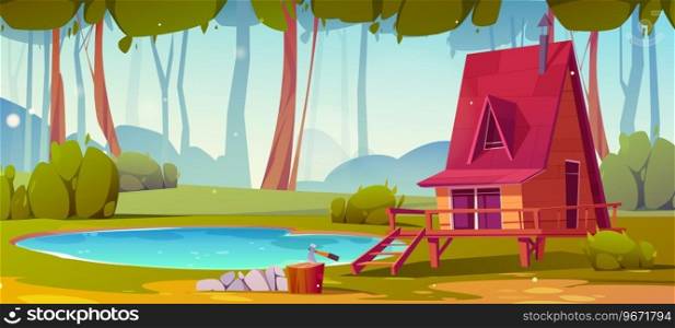Hut on stilt near pond nature game vector background. Forest lake house building cartoon illustration scene. Shack apartment on green grass meadow. Beautiful summer cabin with porch and chimney. Hut on stilt near pond nature game background