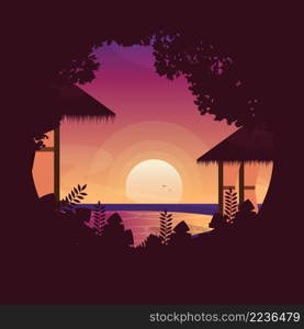 Hut Sunset Sun Resort Bali Holiday Landscape Circle View Illustration
