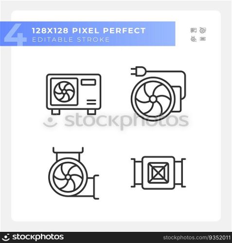Hvac equipment linear icons set. Air condition. Building construction. Temperature control. Architecture plan. Customizable thin line symbols. Isolated vector outline illustrations. Editable stroke. Hvac equipment linear icons set