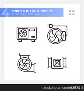 Hvac equipment linear icons set. Air condition. Building construction. Temperature control. Architecture plan. Customizable thin line symbols. Isolated vector outline illustrations. Editable stroke. Hvac equipment linear icons set