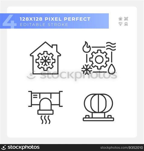Hvac system linear icons set. Air condition. Cooling and heating. Ventilation equipment. Climate control. Customizable thin line symbols. Isolated vector outline illustrations. Editable stroke. Hvac system linear icons set