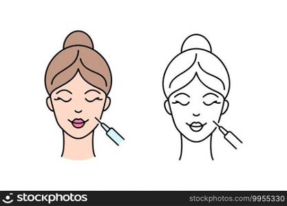 Hyaluronic acid face injection. Line art icons. . Hyaluronic acid injection. 