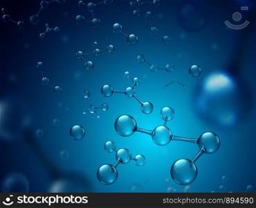 Hyaluronic acid molecules. Hydrated chemicals, molecular structure and blue spherical molecule. Microscope h2o water molecules, hyaluron acides in chemical laboratory 3d vector illustration. Hyaluronic acid molecules. Hydrated chemicals, molecular structure and blue spherical molecule 3d vector illustration