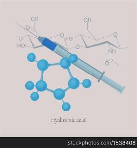 Hyaluronic acid structure and formula with a syringe. Hyaluronic acid rejuvenation effect of the skin. Acid is a chemical substance.. Hyaluronic acid structure and formula with a syringe.