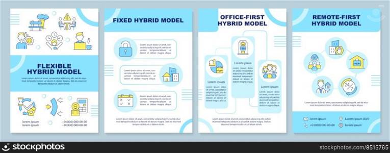 Hybrid work models blue brochure template. Scheduling. Leaflet design with linear icons. Editable 4 vector layouts for presentation, annual reports. Arial-Black, Myriad Pro-Regular fonts used. Hybrid work models blue brochure template