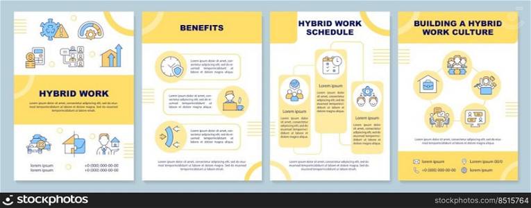 Hybrid work yellow brochure template. Home and office. Leaflet design with linear icons. Editable 4 vector layouts for presentation, annual reports. Arial-Black, Myriad Pro-Regular fonts used. Hybrid work yellow brochure template