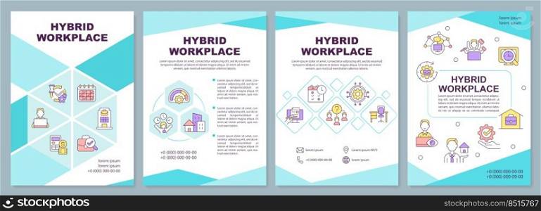 Hybrid workplace mint blue brochure template. Work schedule. Leaflet design with linear icons. Editable 4 vector layouts for presentation, annual reports. Arial-Black, Myriad Pro-Regular fonts used. Hybrid workplace mint blue brochure template
