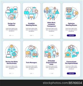 Hybrid workplace onboarding mobile app screen set. Transformation walkthrough 5 steps editable graphic instructions with linear concepts. UI, UX, GUI template. Myriad Pro-Bold, Regular fonts used. Hybrid workplace onboarding mobile app screen set