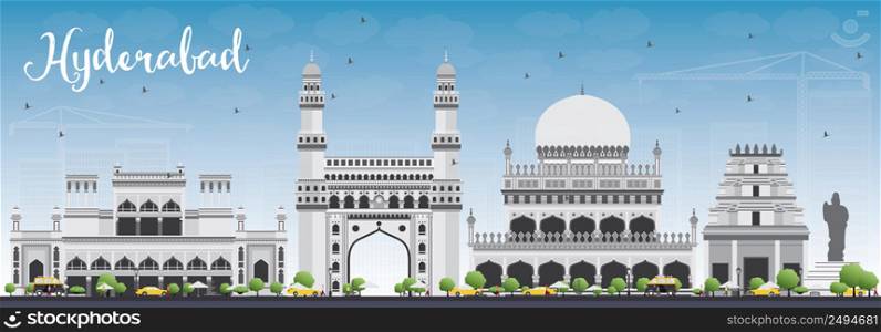 Hyderabad Skyline with Gray Landmarks and Blue Sky. Vector Illustration. Business Travel and Tourism Concept with Historic Buildings. Image for Presentation Banner Placard and Web Site.