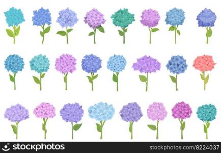 Hydrangea icons set cartoon vector. Flower summer. Spring love. Hydrangea icons set cartoon vector. Flower summer