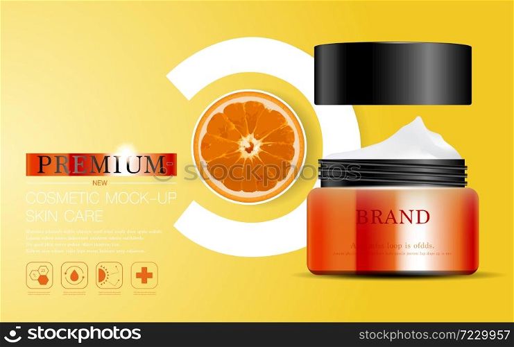 Hydrating facial cream for annual sale or festival sale. silver and orange cream mask bottle isolated on glitter particles background. Graceful cosmetic ads, illustration.