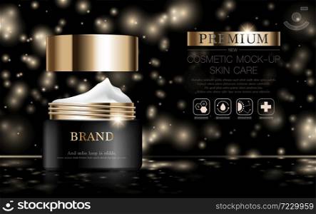 Hydrating facial cream for annual sale or festival sale. Black and gold cream mask bottle isolated on glitter particles background. Graceful cosmetic ads, illustration.