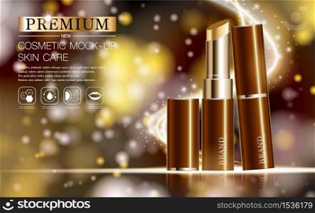 Hydrating facial lipstick for annual sale or festival sale. brown and gold lipstick mask bottle isolated on glitter particles background for product presentation. Graceful cosmetic ads, Vector illustration.