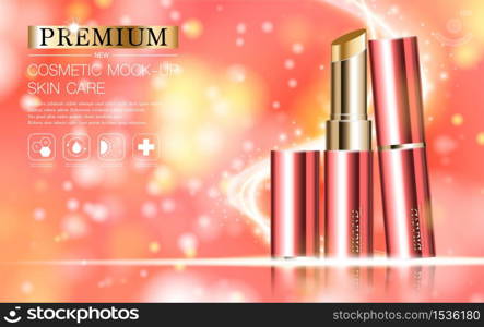 Hydrating facial lipstick for annual sale or festival sale. red and gold lipstick mask bottle isolated on glitter particles background for product presentation. Graceful cosmetic ads, Vector illustration.