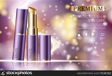 Hydrating facial lipstick for annual sale or festival sale. purple and gold lipstick mask bottle isolated on glitter particles background for product presentation. Graceful cosmetic ads, Vector illustration.