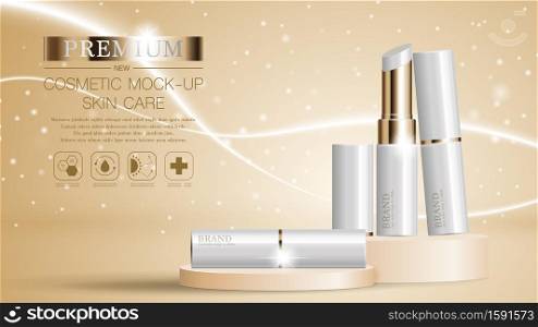 Hydrating facial lipstick for annual sale or festival sale. silver and gold lipstick mask bottle isolated on glitter particles background for product presentation. Graceful cosmetic ads, Vector illustration.