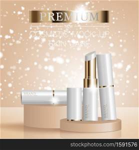 Hydrating facial lipstick for annual sale or festival sale. silver and gold lipstick mask bottle isolated on glitter particles background for product presentation. Graceful cosmetic ads, Vector illustration.
