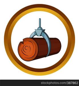 Hydraulic crane with log vector icon in golden circle, cartoon style isolated on white background. Hydraulic crane with log vector icon