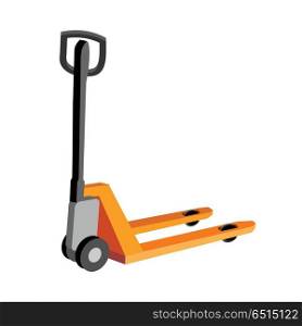 Hydraulic trolley jack with heavy boxes with goods. Buying building materials in supermarket with hand pallet truck. Delivering overall goods. Flat design illustration for ad and concepts. Tools of Warehouse and Delivery Service Vector. Tools of Warehouse and Delivery Service Vector