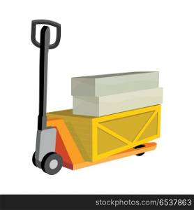 Hydraulic trolley jack with heavy boxes with goods. Buying building materials in supermarket with hand pullet truck. Delivering overall goods. Flat design illustration for ad and concepts. Transportation Oversized and Heavy Goods. Transportation Oversized and Heavy Goods