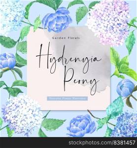 Hydrenyia flowers watercolor frame beautiful, decor wedding card, invitation,  illustration design
