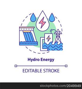 Hydro energy concept icon. Hydroelectric power station. Natural energy abstract idea thin line illustration. Isolated outline drawing. Editable stroke. Roboto-Medium, Myriad Pro-Bold fonts used. Hydro energy concept icon