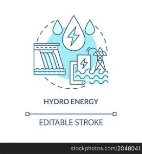 Hydro energy turquoise blue concept icon. Hydroelectric power station abstract idea thin line illustration. Isolated outline drawing. Editable stroke. Roboto-Medium, Myriad Pro-Bold fonts used. Hydro energy turquoise blue concept icon