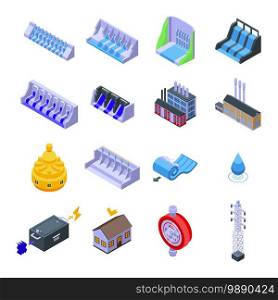 Hydro power icons set. Isometric set of hydro power vector icons for web design isolated on white background. Hydro power icons set, isometric style