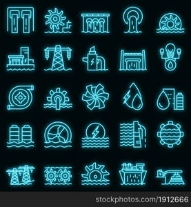 Hydro power icons set. Outline set of hydro power vector icons neon color on black. Hydro power icons set vector neon